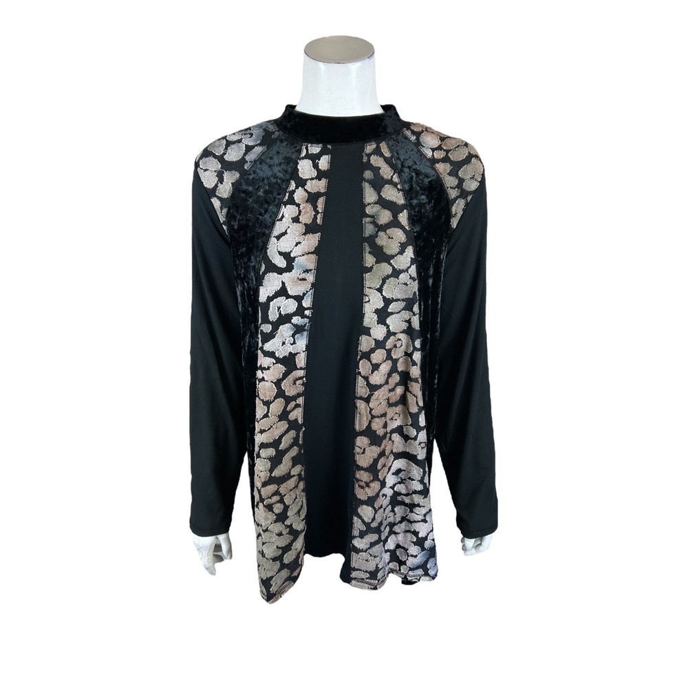 LOGO Lavish by Lori Goldstein Rayon 230 Pieced Velvet Top Black Large Size - Picture 1 of 2